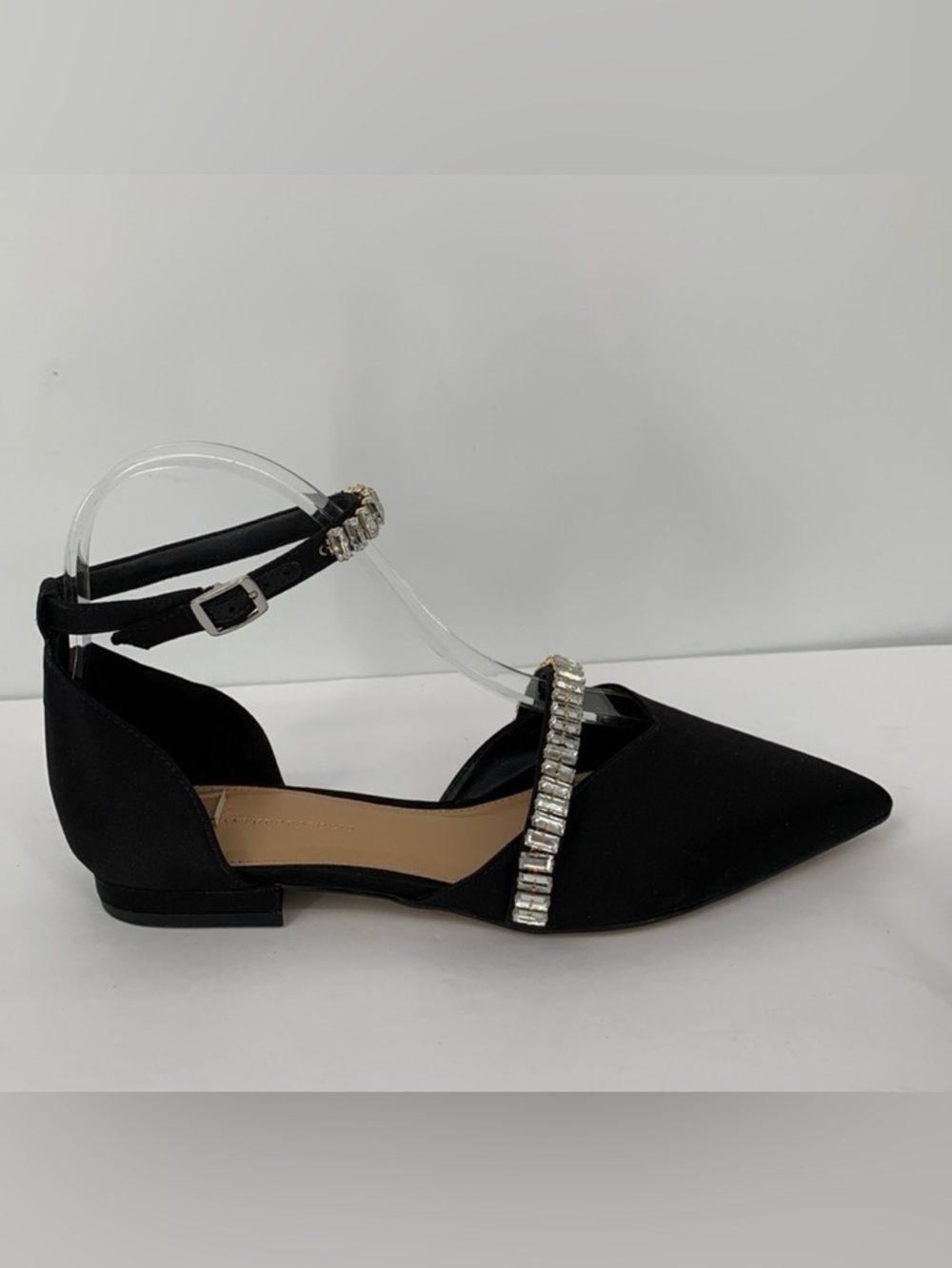 Anthropologie satin black flats shoe crystal rhinestone fabric ankle strap 39 8